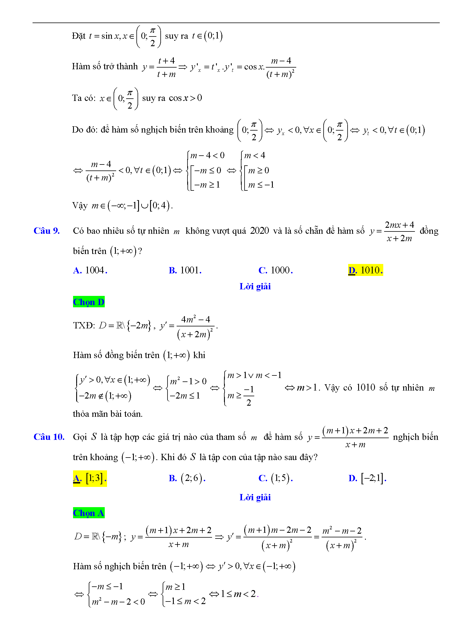 Trắc nghiệm tìm m để hàm số đơn điệu 10