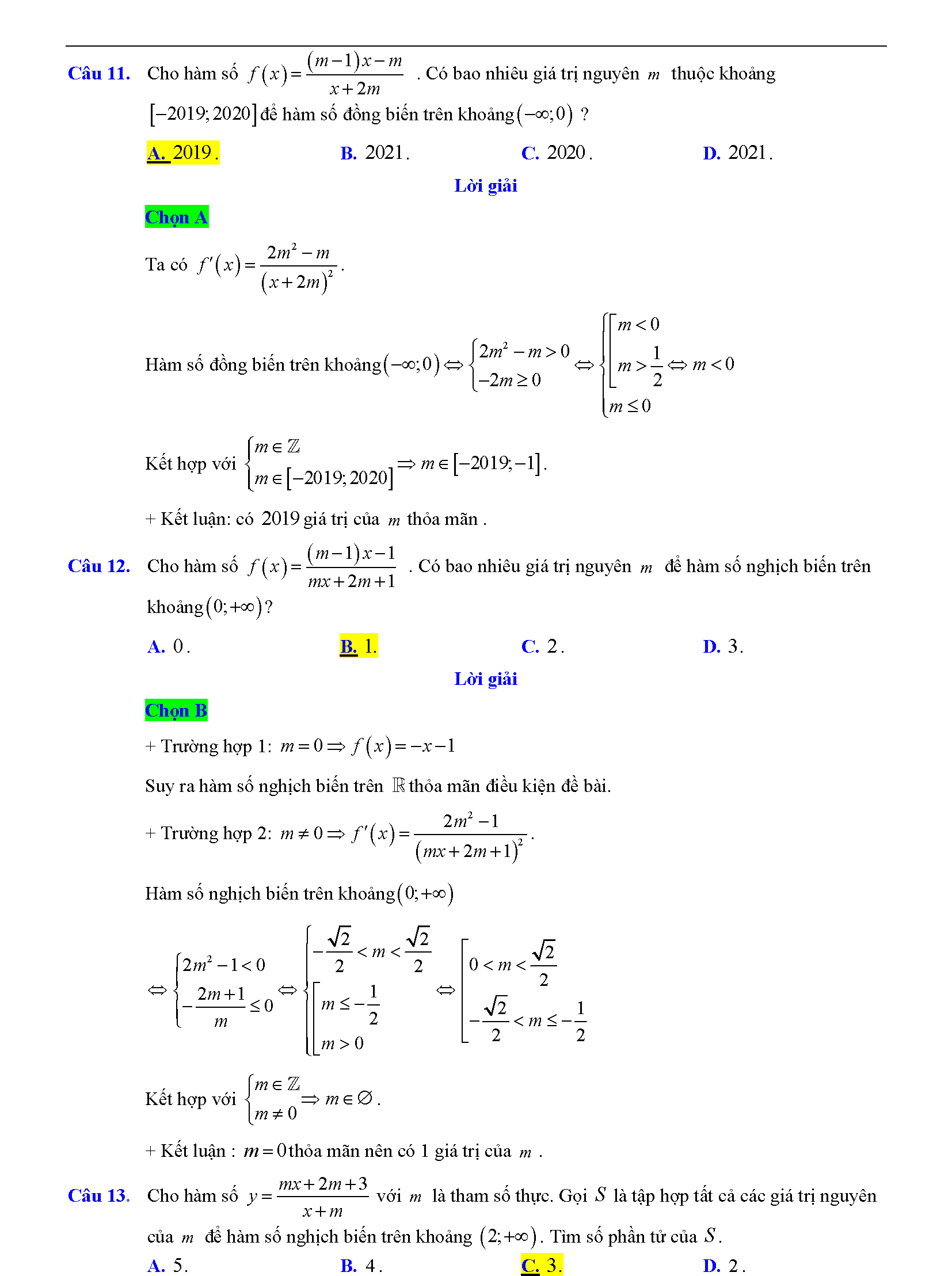 Trắc nghiệm tìm m để hàm số đơn điệu 11