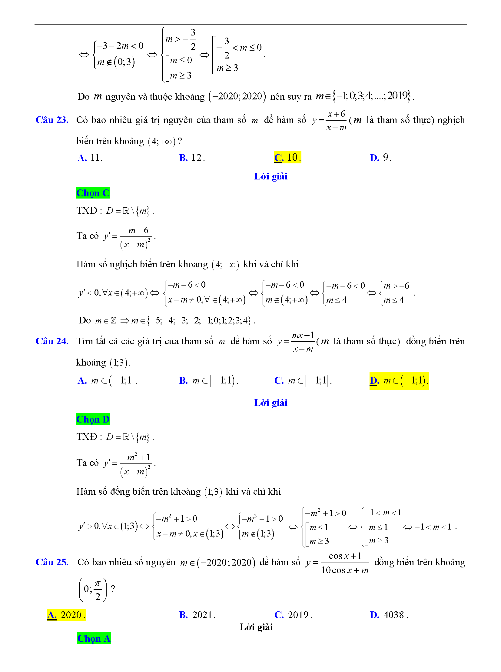 Trắc nghiệm tìm m để hàm số đơn điệu 16