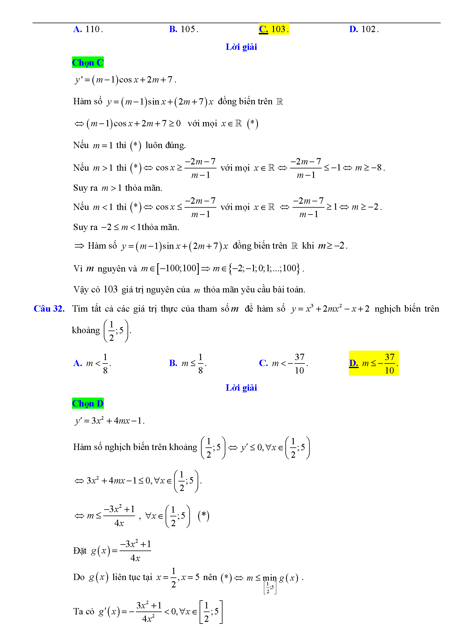 Trắc nghiệm tìm m để hàm số đơn điệu 20
