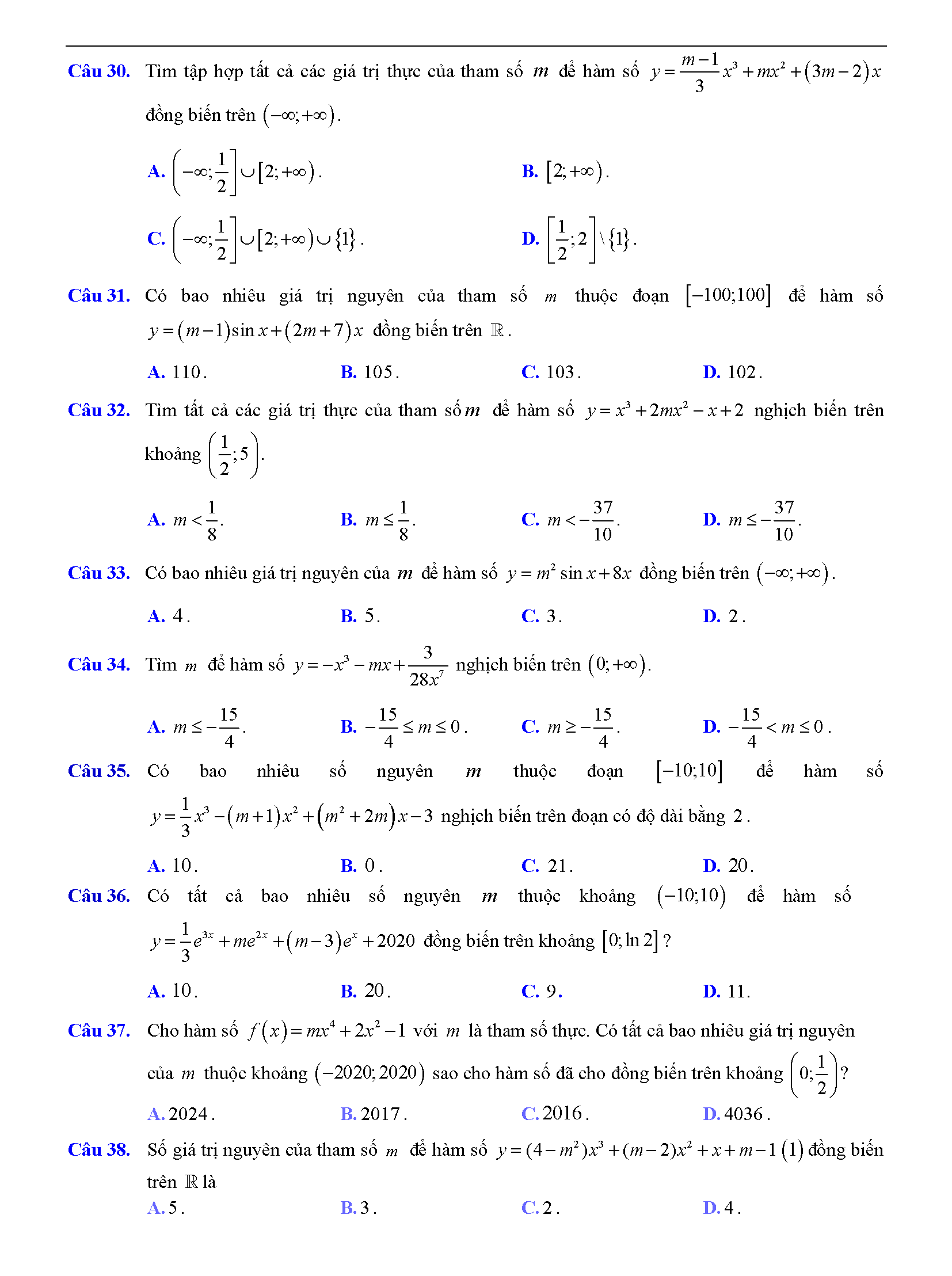 Trắc nghiệm tìm m để hàm số đơn điệu 4