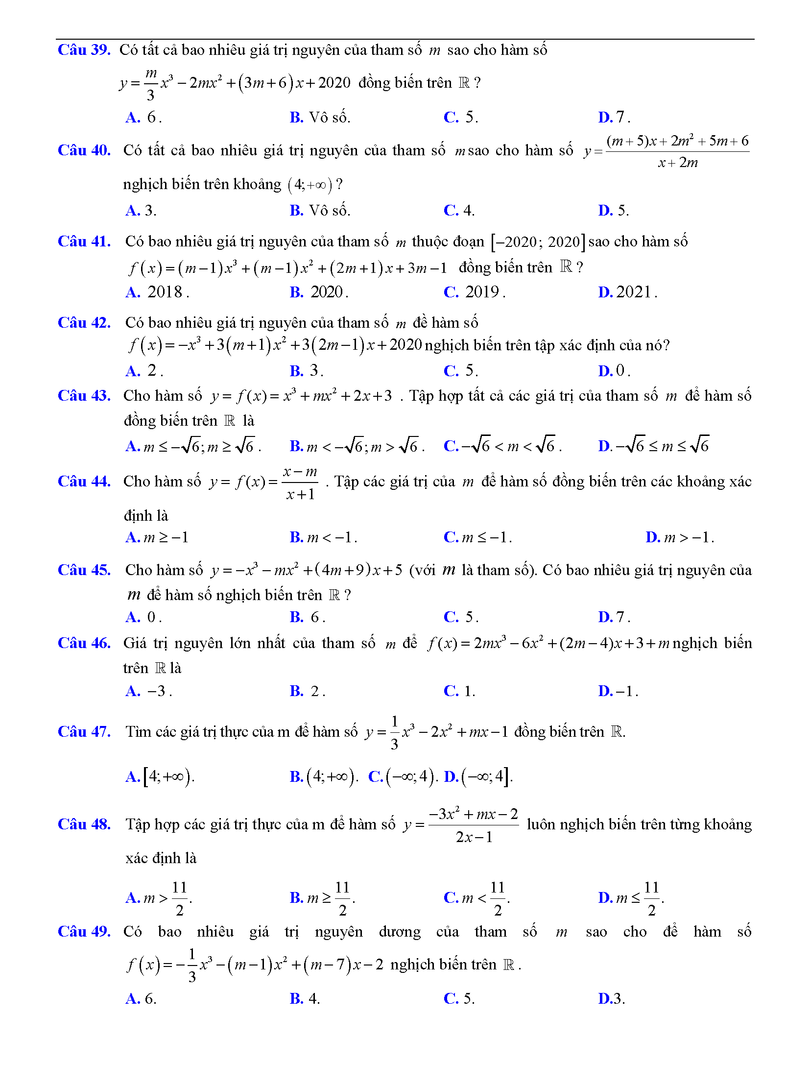 Trắc nghiệm tìm m để hàm số đơn điệu 5