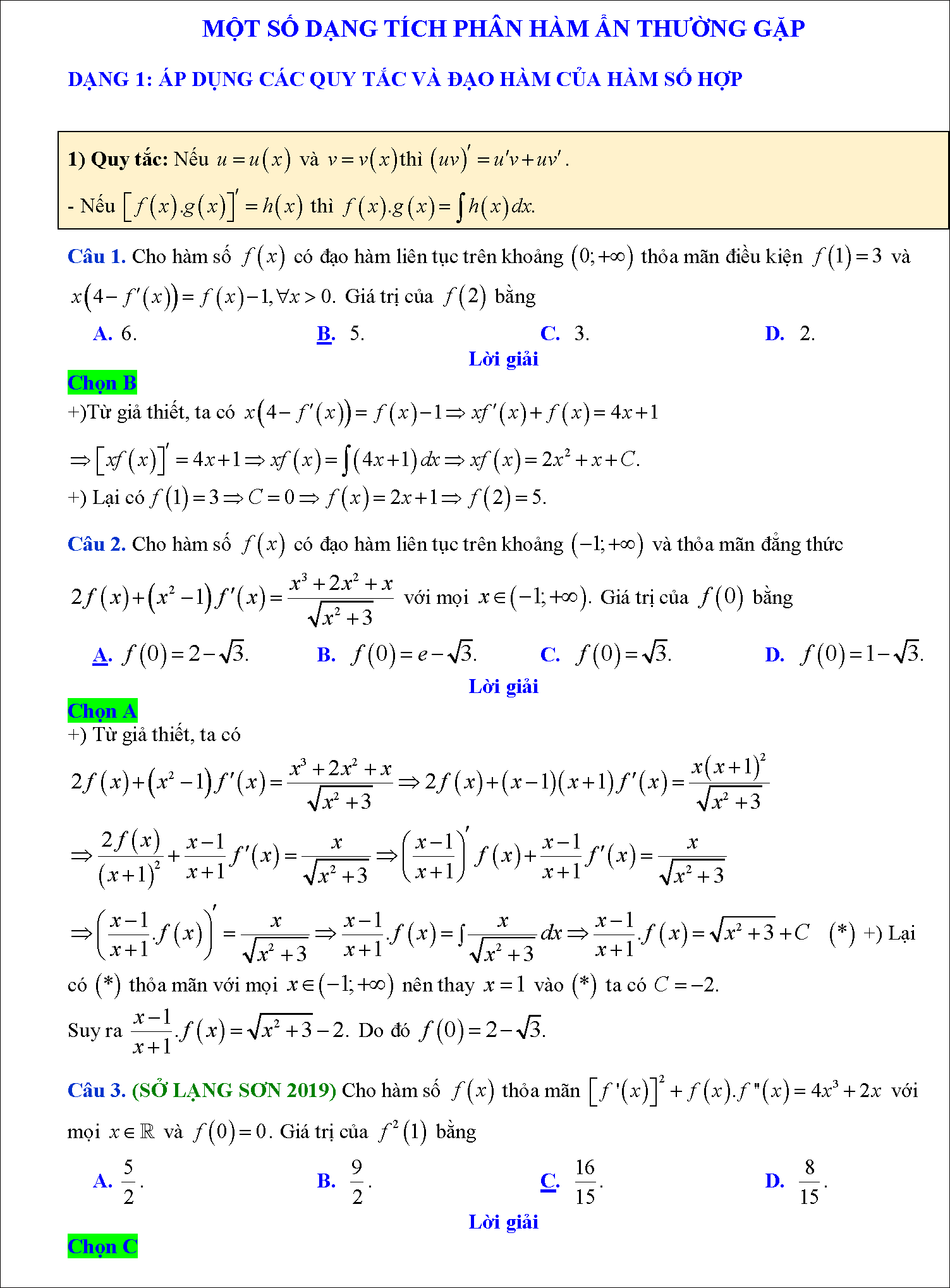 Các dạng toán tích phân hàm ẩn 1